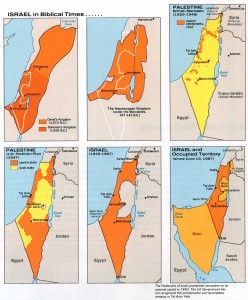 Obr. 2: Historický vývoj území Izraele: biblické období (1) Davidovo království 970 př. n. l.; Šalamounovo království 930 př. n. l., (2) Hasmoneovské království 167 – 142 př. n. l., (3) Britský mandát Palestina 1920 – 1948, (4) Plán OSN na rozdělení britského mandátu Palestina v roce 1947, (5) Izrael v letech 1949 – 1967, (6) Izrael a okupované území po roce 1967 (zdroj: http://www.lib.utexas.edu/maps/historical/israel_hist_1973.jpg).
